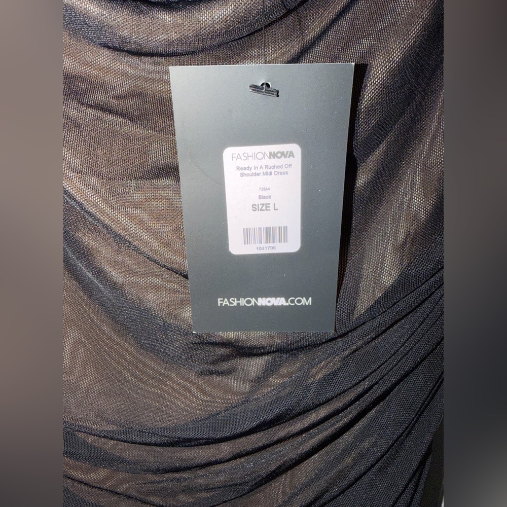 Fashion Nova Black Off-Shoulder Ruched Sheer Midi Dress - Picture 5 of 5